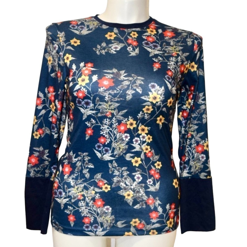 MISLOOK - Long sleeve Navy floral cotton poly blend blouse women's size Medium